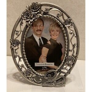 Decorative Oval Silver Tone Vtg 5x7 Picture Frame 25th Anniversary Raised NIB